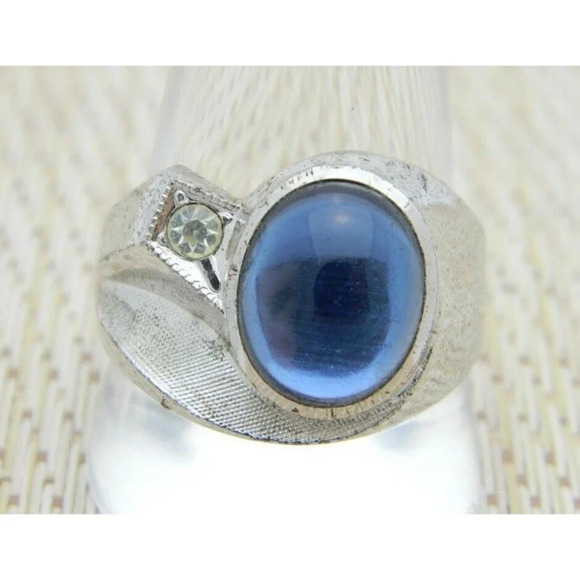 Art Deco Sterling Ring Clark Coombs Blue Glass Cabochon CZ VTG Men's Ring 11 - Picture 1 of 6
